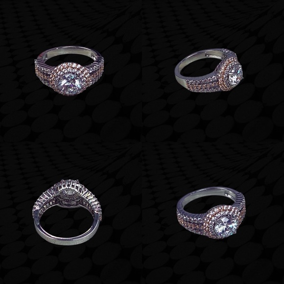 Two Tone Rose Gold Silver Double Halo Round Split Shank Pavé Engagement Ring 7 - Picture 17 of 17